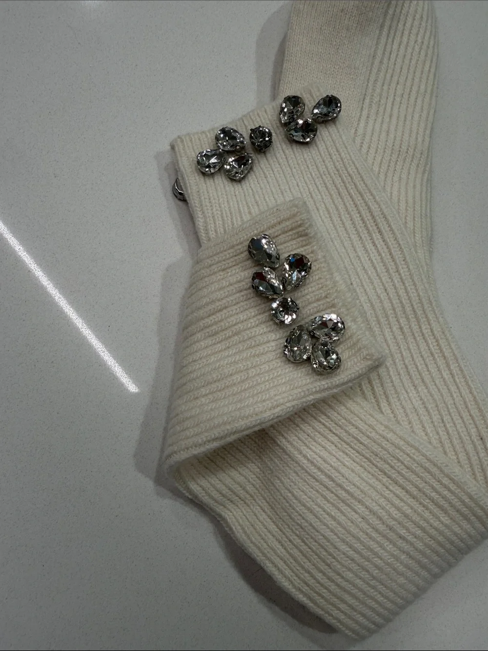 Maje New White, Ecru Long Knee High Socks With Rhinestone Embellished Size: OS